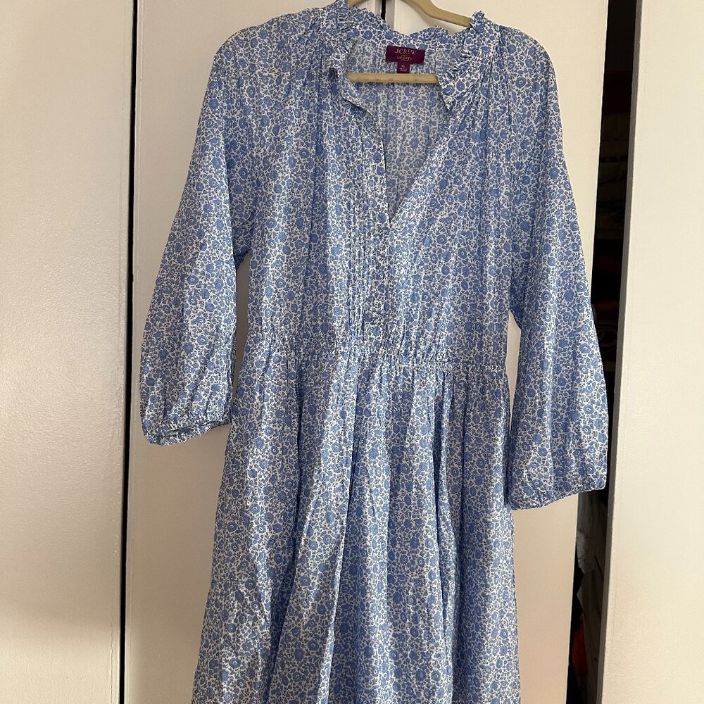 J.Crew x Liberty Floral Print Dress Blue White Ruffle Neck XL